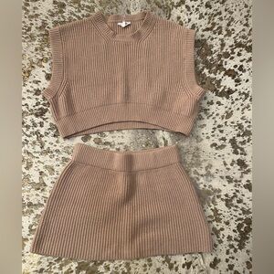 Sleeveless Knit Top and Skirt Set - Tan